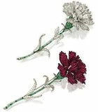 925 Sterling Silver Brooch Cubic Zirconia  Carnation Flower Red Green Baguette1