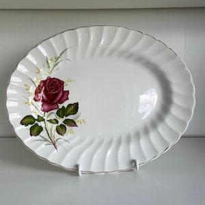 Myott Anniversary Rose 12.5" Platter- Vintage Ironstone Ware by Myott England Gold Trim Dark Red Rose Oval Serving Platter