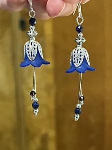 Gorgeous Silver & Blue Lily Flower Earrings With 925 Silver Ear Wire Hooks
