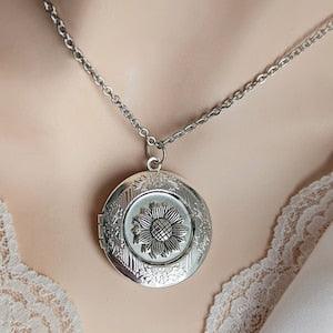 Sunflower Locket, Silver Sunflower Necklace, Round Silver Locket, Keepsake Necklace, Photo Locket, Gift for Mom