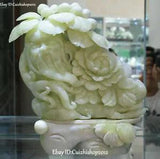 12" collect China Natural Green Jade Shouxing Longevity God Peony Flower Statues