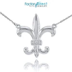 14k White Gold Diamond French Fleur-de-Lis Stylized lily Flower Necklace