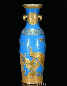 23" Qianlong Enamel Colour Porcelain Gold Peony Phoenix Flower Bird Bottle Vase