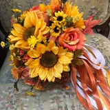 Fall Sunflower Bridal Bouquet with Orange Roses, Fall Wedding Flowers with Sunflowers Fall Leaves Berries, Custom Fall Bridal Flowers