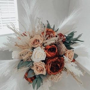 Pampas grass bouquet,burnt orange champagne,beige,cream ivory bouquet,bridal bridesmaid bouquet, rose eucalyptus