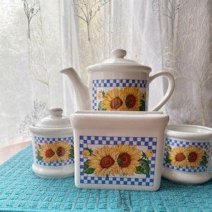 1990s Vintage Sunflower Tea Pot, Creamer, Sugar Bowl, and Napkin Holder Ceramic Set