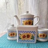 1990s Vintage Sunflower Tea Pot, Creamer, Sugar Bowl, and Napkin Holder Ceramic Set