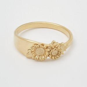 Floral Birth Flower Signet Sunflower Ring with engraved initials in 14K solid gold