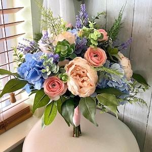 Blush pink bridal bouquet, succulent wedding bouquet,blue and blush silk flower wedding bouquet, eucalyptus wedding flowers