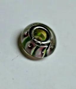 Sterling Silver Pink & White Calla Lily Green Murano Bracelet Charm