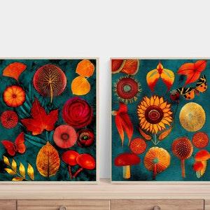 Mushrooms and Whimsical Flowers Botanical Print Set, Vibrant Leaf Painting 2 Piece Wall Art, Maple Leaves & Sunflower Art, Butterfly Collage