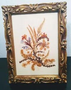 Vintage 1970's Framed Dried Pressed Flower Art Set In Gold Scrolled Frame