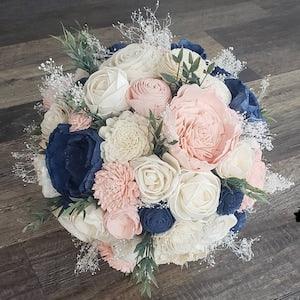 Navy blue and blush sola bouquet,  pink and blue bridal bouquet