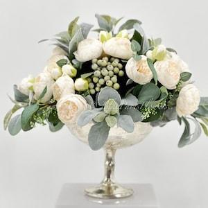 Elegant White Rose Peony Berries with Greenery Arrangement Artificial Faux Centerpiece French Silk Floral Flowers Pedestal Silver Vase Decor