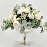 Elegant White Rose Peony Berries with Greenery Arrangement Artificial Faux Centerpiece French Silk Floral Flowers Pedestal Silver Vase Decor