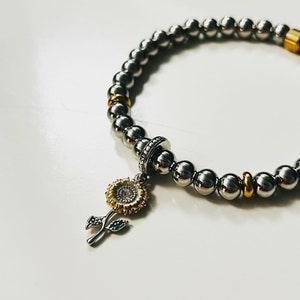 Sterling Silver Sunflower Charm Stainless Steel 5MM Beaded Bracelet