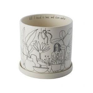 Plant Lady Pot | Sketch Drawing Ceramic Planter | "All I need is love and clean water" | Ceramic Plant Pot with Saucer | Plant Lover Pot