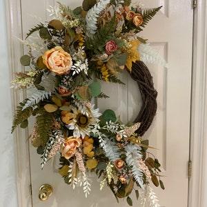 Sunflower Fall Floral Front Door Wreath, Neutral Autumn Hanger for Thanksgiving,  Harvest Pumpkin Decor, Gold Eucalyptus Floral Grapevine