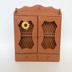 Vtg Wood Spice Cabinet Wall Mounted Painted Solid Wood w/ Drawers & Metalwork Doors + Sunflower Charm