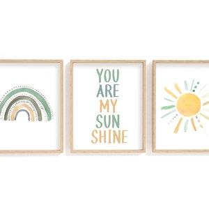 Watercolour You are My Sunshine Print Set Green and Yellow/ Boho Nursery Print Set