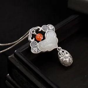 Chinese Silver Gild Inlay Hetian White Jade Ruyi Peony Flower Pendant Necklace