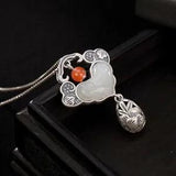 Chinese Silver Gild Inlay Hetian White Jade Ruyi Peony Flower Pendant Necklace