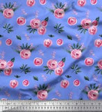 Soimoi Blue Cotton Poplin Fabric Leaves & Ranunculus Floral Print-mQh