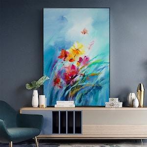 Large Abstract Turquoise Blue Emerald Green Orchid Flower oil painting on canvas art Flower Fields landscape painting pastel decor wall art