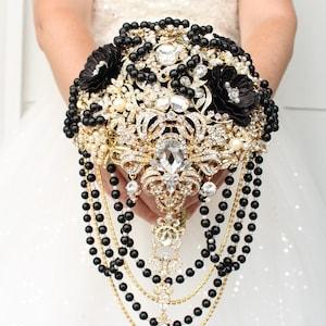 Black gold Wedding bouquet of brooches.  Great Gatsby Bridal brooch bouquet. Cascade wedding bouquet