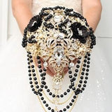 Black gold Wedding bouquet of brooches.  Great Gatsby Bridal brooch bouquet. Cascade wedding bouquet