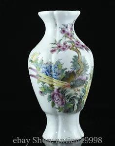 9.4'' Daqing Kangxi Marked Famille Rose Porcelain Peony Flower Bird Bottle Vase