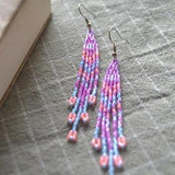 NEON Earrings, Seedbead Earrings, Indigenous Made, Long Dangle Earrings, Artisan Gifts,  Red River Metis, Flower Beadwork, Minimal