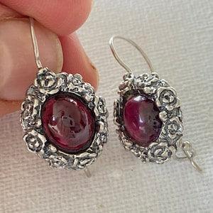 Natural Oval Red Garnet Earrings, inlaid in a beautiful sterling silver Rose flowers frame, beautiful gift
