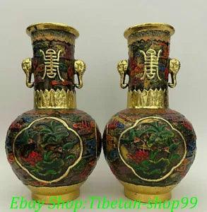 9"Old Bronze Colours Glaze Porcelain Elephant Head Peony Flower Vase Bottle Pair