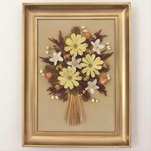 Vintage 1970s Floral Wall Art on Felt Dried Cloth Flower Arrangement 6 x 8 MCM
