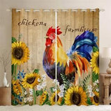 Rustic Rooster Handmade Animal Window Curtains, Chicken Farm Animal Retro Window Drapes, Farmhouse Sunflower Plants Curtain Set