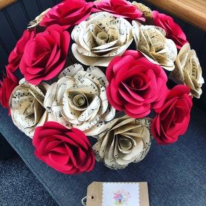 x20 Paper roses + Bucket Display vase red and sheet music themed Valentine Day Gift, Mother's Day Gift, Rose Bouquet, Gift Ideas