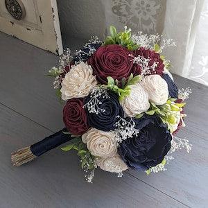Navy, Burgundy, and Ivory Sola Wood Flower Bouquet with Baby's Breath and Greenery - Bridal Bridesmaid Toss