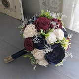 Navy, Burgundy, and Ivory Sola Wood Flower Bouquet with Baby's Breath and Greenery - Bridal Bridesmaid Toss