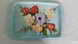 ANTIQUE VINTAGE MCM METAL SERVING TRAY FLOWERS ROSES CARNATIONS AQUA RECTANGULAR