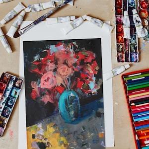 Vase Of Flowers Original Painting, Impressionist Floral Paintings, Pink Roses Bouquet Painting, Original Still Life Flowers Painting