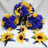 Wedding Silk Flower Bridal Bouquets Your Colors 18 pcs Package Yellow Sunflower Navy Blue Bridesmaids  Boutonnieres Corsages New