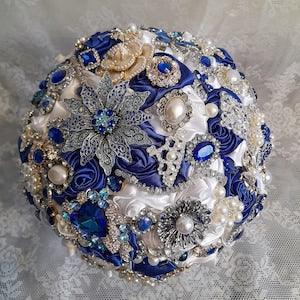Royal Blue And White Rose Wedding Bouquet,Brooch Bridal Bouquet,Something Blue