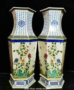 19" Color Porcelain Palace Magpie Bird Bamboo Peony Plum Flower Vase Bottle Pair