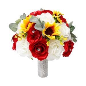 Bouquet-artificial roses sunflowers lambs ear filler