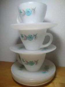 Vintage Fire King Bonnie Blue Carnation Flower 3 Cups and 6 Saucers Lot