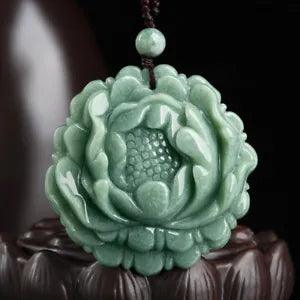 Natural Emerald Bean Green Peony Flower Jade Pendant Women Agate Chain Necklace