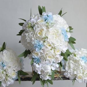 Ice Blue Bridal Bouquets, Rustic Silk Bridal Bouquets, French Blue Hydrangeas , Ivory White Roses, Light Blue Bouquets, Boutonnieres