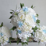 Ice Blue Bridal Bouquets, Rustic Silk Bridal Bouquets, French Blue Hydrangeas , Ivory White Roses, Light Blue Bouquets, Boutonnieres