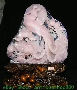 18.5" Fine Natural Xiu Pink Jade Carved Auspicious Phoenix Peony Flower Statue